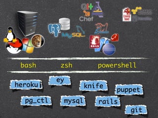 bash       zsh        powershell

           ey
heroku              knife
                            puppet
  pg_ctl    mysql      rails
                               git
 