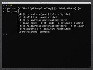 ~ > ssh
usage: ssh [-1246AaCfgKkMNnqsTtVvXxYy] [-b bind_address] [-c
cipher_spec]
           [-D [bind_address:]port] [-F configfile]
           [-I pkcs11] [-i identity_file]
           [-L [bind_address:]port:host:hostport]
           [-l login_name] [-O ctl_cmd] [-o option] [-p port]
           [-R [bind_address:]port:host:hostport] [-S ctl_path]
           [-W host:port] [-w local_tun[:remote_tun]]
           [user@]hostname [command]
~ >
 