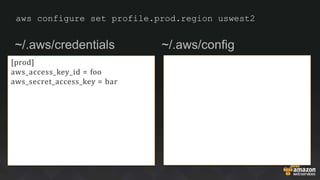aws configure set profile.prod.region uswest2
~/.aws/credentials ~/.aws/config
[prod]
aws_access_key_id = foo
aws_secret_access_key = bar
 