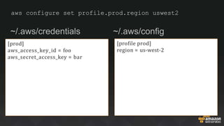 aws configure set profile.prod.region uswest2
~/.aws/credentials ~/.aws/config
[prod]
aws_access_key_id = foo
aws_secret_access_key = bar
[profile prod]
region = us-west-2
 