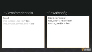 ~/.aws/credentials ~/.aws/config
[profile prodrole]
role_arn = arn:aws:iam
source_profile = dev
 