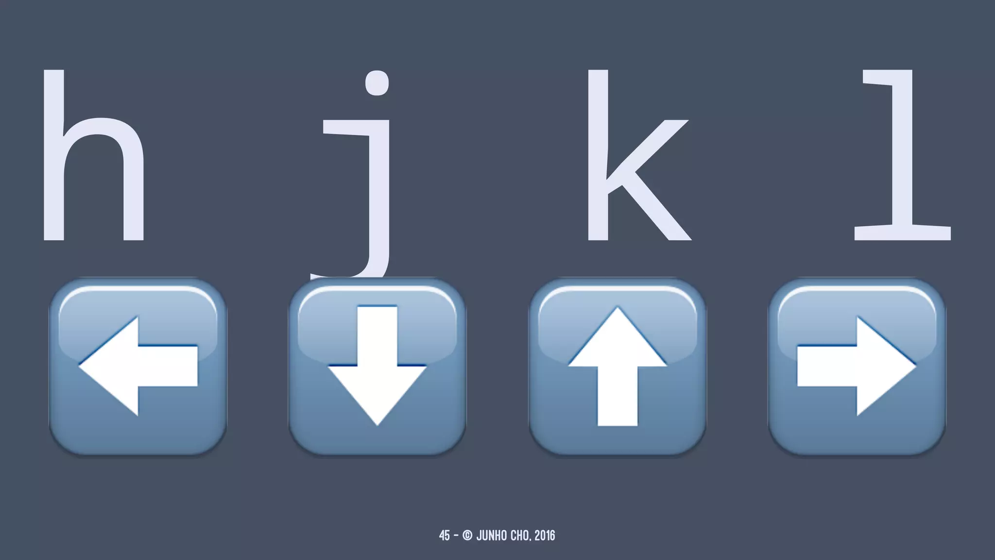 h j k l
⬅ ⬇ ⬆ ➡45 — © Junho Cho, 2016
 