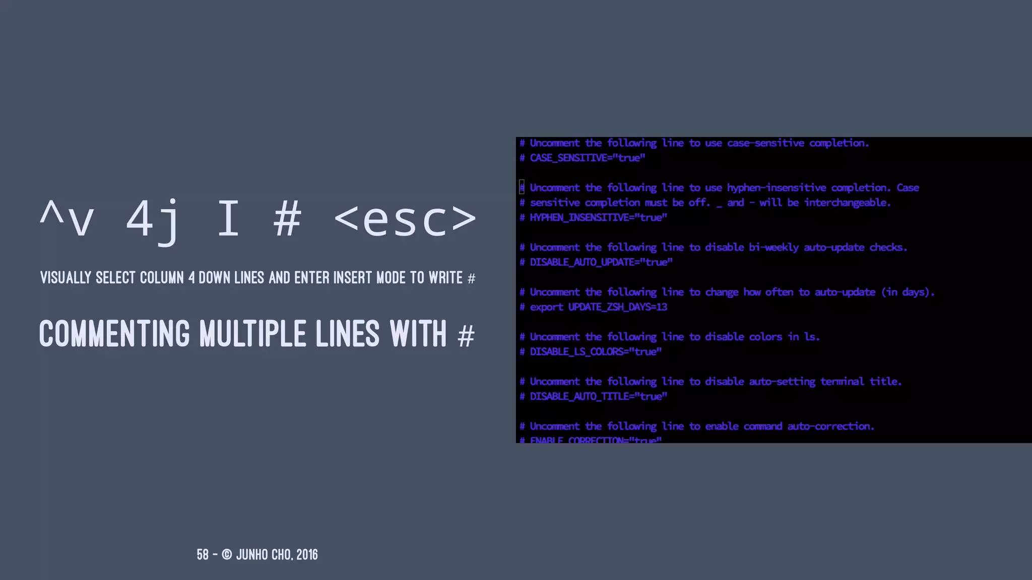 ^v 4j I # <esc>
VISUALLY SELECT COLUMN 4 DOWN LINES AND ENTER INSERT MODE TO WRITE #
COMMENTING MULTIPLE LINES WITH #
58 — © Junho Cho, 2016
 