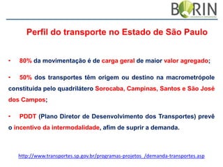 Perfil do transporte no Estado de São Paulo
•

80% da movimentação é de carga geral de maior valor agregado;

•

50% dos transportes têm origem ou destino na macrometrópole

constituída pelo quadrilátero Sorocaba, Campinas, Santos e São José
dos Campos;
•

PDDT (Plano Diretor de Desenvolvimento dos Transportes) prevê

o incentivo da intermodalidade, afim de suprir a demanda.

http://www.transportes.sp.gov.br/programas-projetos_/demanda-transportes.asp

 