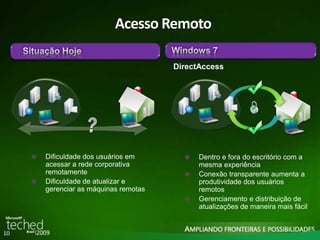 10 
Acesso Remoto 
DirectAccess 
Dentro e fora do escritório com a 
mesma experiência 
Conexão transparente aumenta a 
produtividade dos usuários 
remotos 
Gerenciamento e distribuição de 
atualizações de maneira mais fácil 
Dificuldade dos usuários em 
acessar a rede corporativa 
remotamente 
Dificuldade de atualizar e 
gerenciar as máquinas remotas 
 