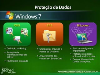 14 
RMS EFS 
BitLocker 
Criptografar arquivos e 
Pastas de Usuários 
Arquivamento das 
chaves em Smart Card 
Fácil de configurar e 
implementar 
Proteção dos dados 
entre o trabalho e casa 
Compartilhamento de 
Dados protegidos. 
Proteção de Dados 
Definição via Policy 
Proteção da 
informação onde ela 
estiver 
RMS Client Integrado 
 
