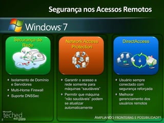 8 
Securança de 
Rede 
Segurança nos Acessos Remotos 
DirectAccess 
Network Access 
Protection 
Garantir o acesso a 
rede somente para 
máquinas “saudáveis” 
Permitir que máquina 
“não saudáveis” podem 
se atualizar 
automaticamente 
Usuário sempre 
conectado com 
segurança reforçada 
Melhorar 
gerenciamento dos 
usuários remotos 
Isolamento de Domínio 
e Servidores 
Multi-Home Firewall 
Suporte DNSSec 
 