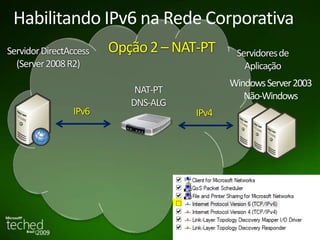 Habilitando IPv6 na Rede Corporativa 
ServidorDirectAccess Opção 2 –NAT-PT 
(Server 2008 R2) 
16 
Servidoresde 
Aplicação 
NAT-PT 
DNS-ALG 
IPv6 IPv4 
Windows Server 2003 
Não-Windows 
 
