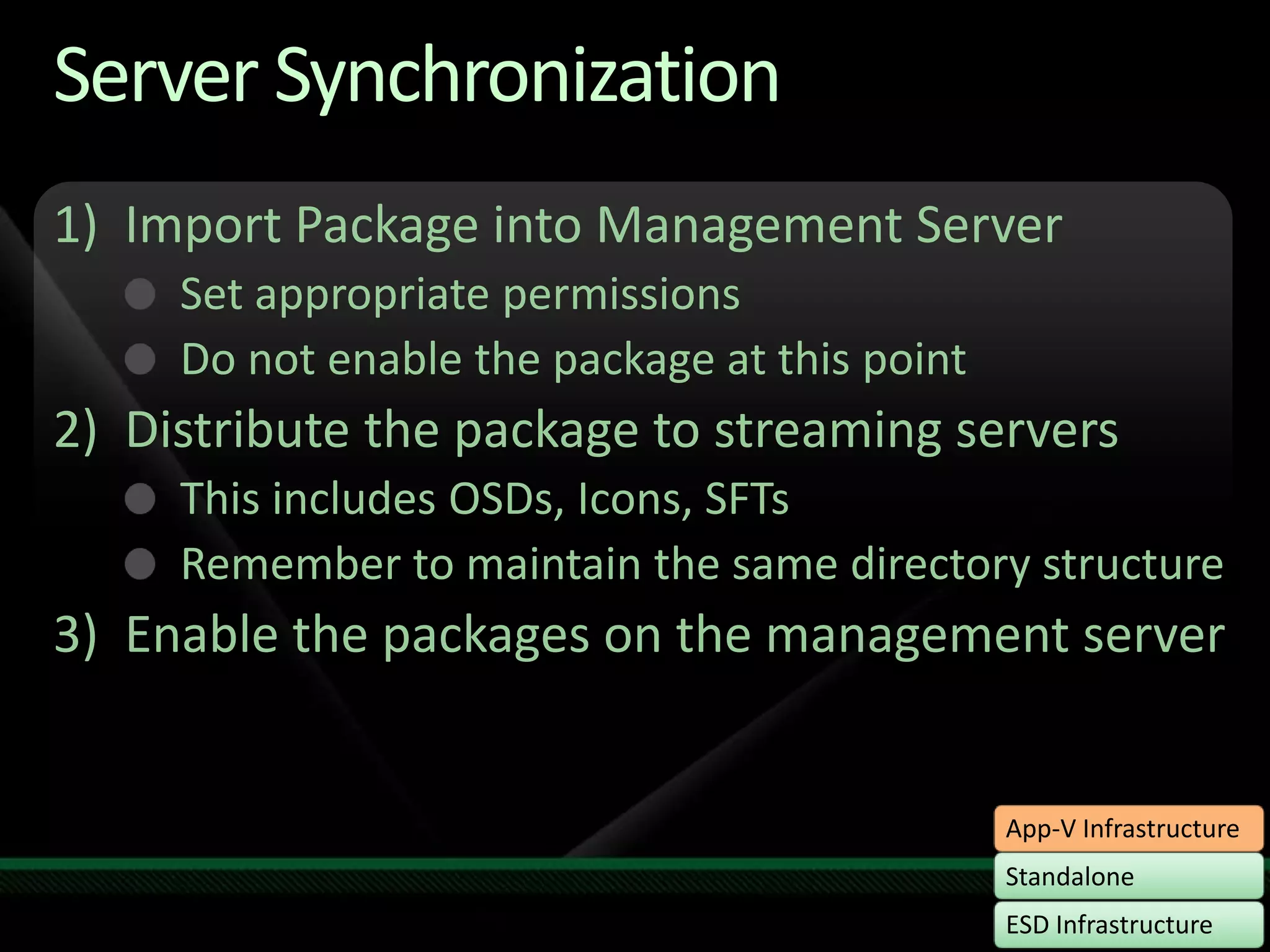 Server SynchronizationImport Package into Management ServerSet appropriate permissionsDo not enable the package at this pointDistribute the package to streaming serversThis includes OSDs, Icons, SFTsRemember to maintain the same directory structureEnable the packages on the management server