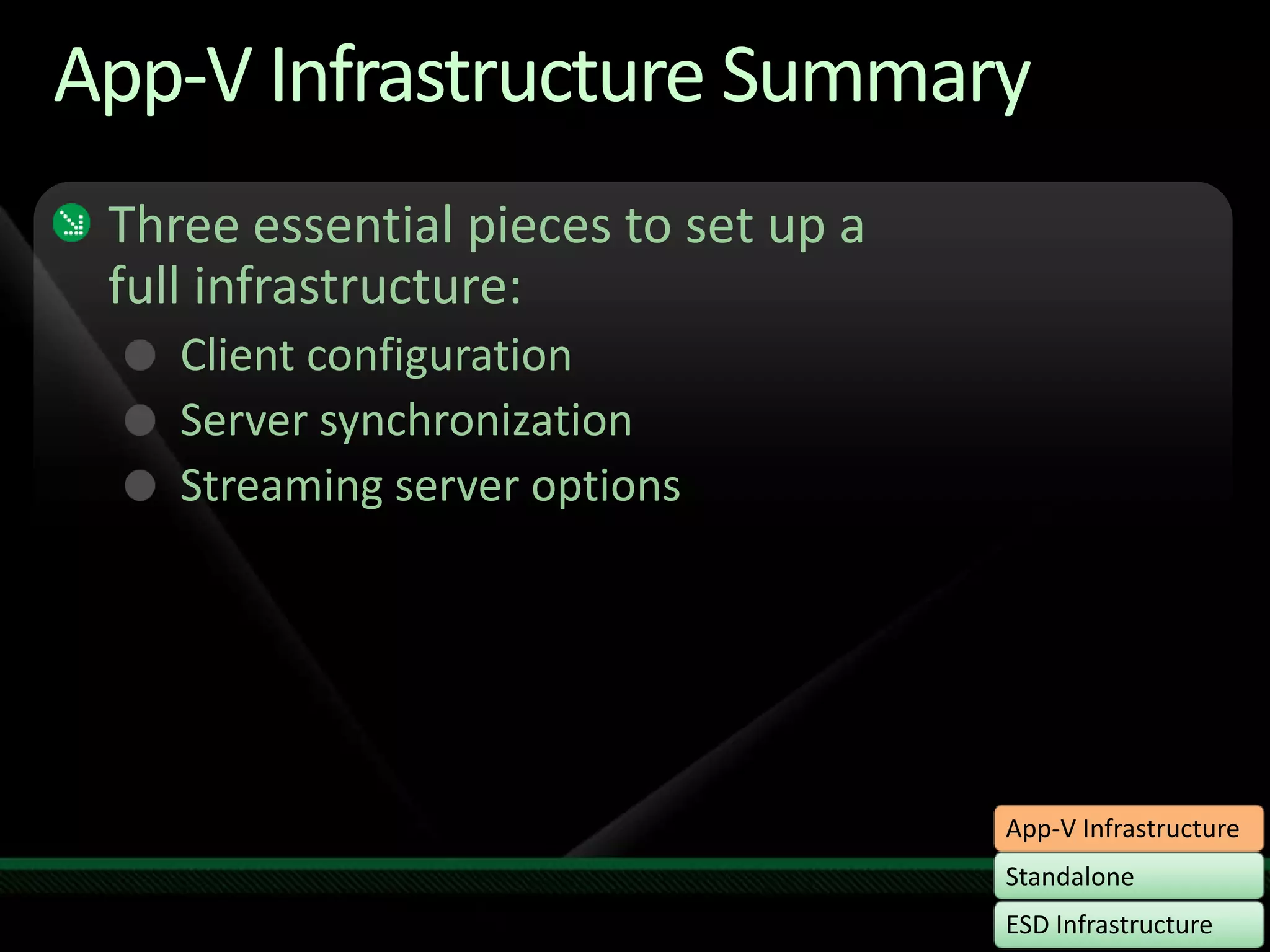 App-V Infrastructure SummaryThree essential pieces to set up a full infrastructure:Client configurationServer synchronizationStreaming server options