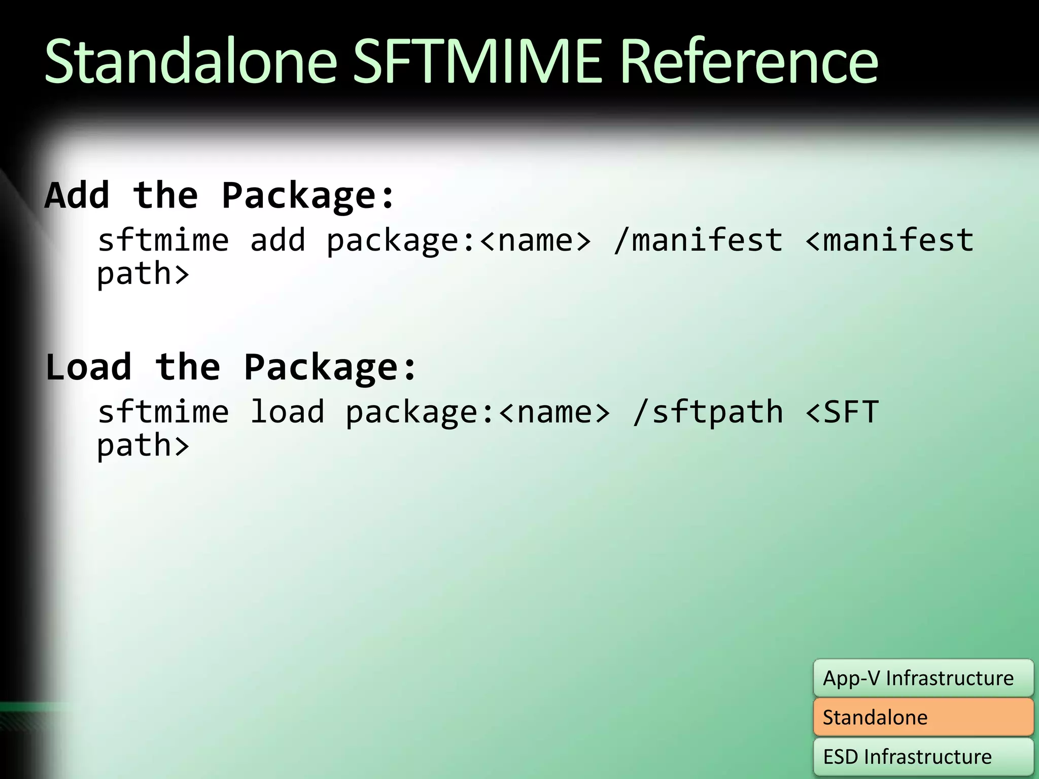 Standalone SFTMIME ReferenceAdd the Package:sftmime add package:<name> /manifest <manifest path>Load the Package:sftmime load package:<name> /sftpath <SFT path>
