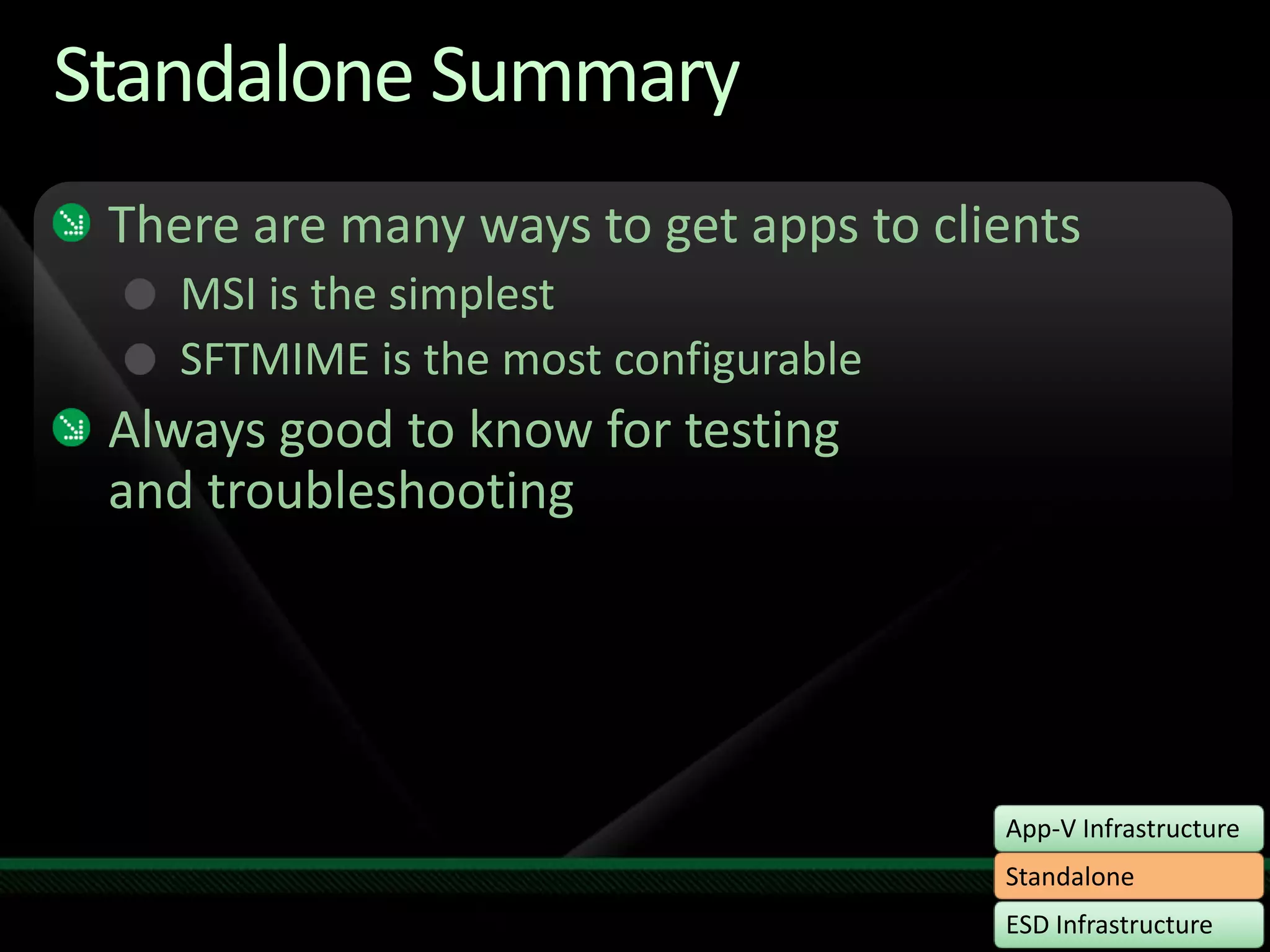 Standalone SummaryThere are many ways to get apps to clientsMSI is the simplestSFTMIME is the most configurableAlways good to know for testing and troubleshooting