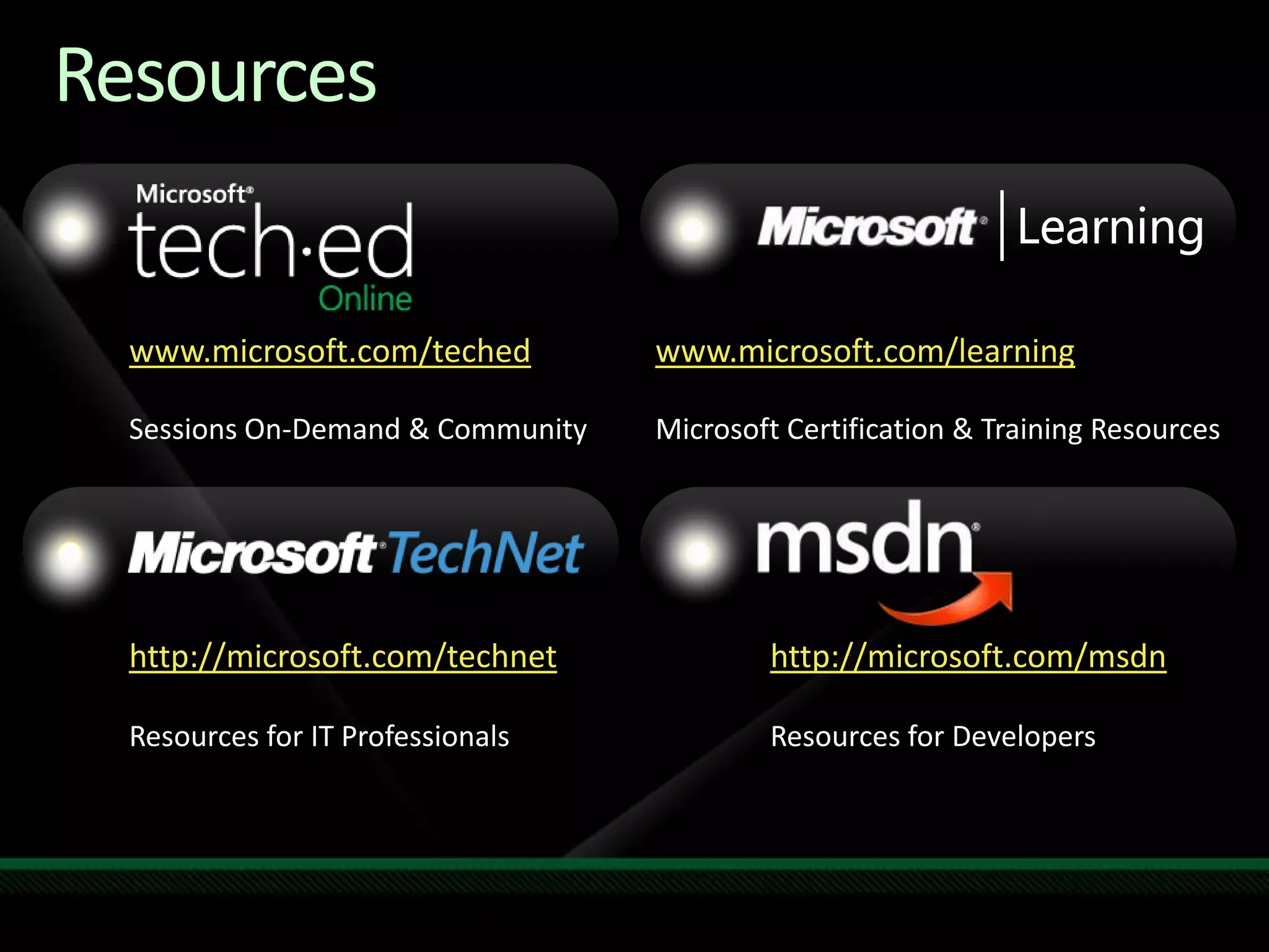 Required SlideSpeakers, TechEd 2009 is not producing a DVD. Please announce that attendees can access session recordings at TechEd Online. www.microsoft.com/techedSessions On-Demand & Communitywww.microsoft.com/learningMicrosoft Certification & Training Resourceshttp://microsoft.com/technetResources for IT Professionalshttp://microsoft.com/msdnResources for DevelopersResources