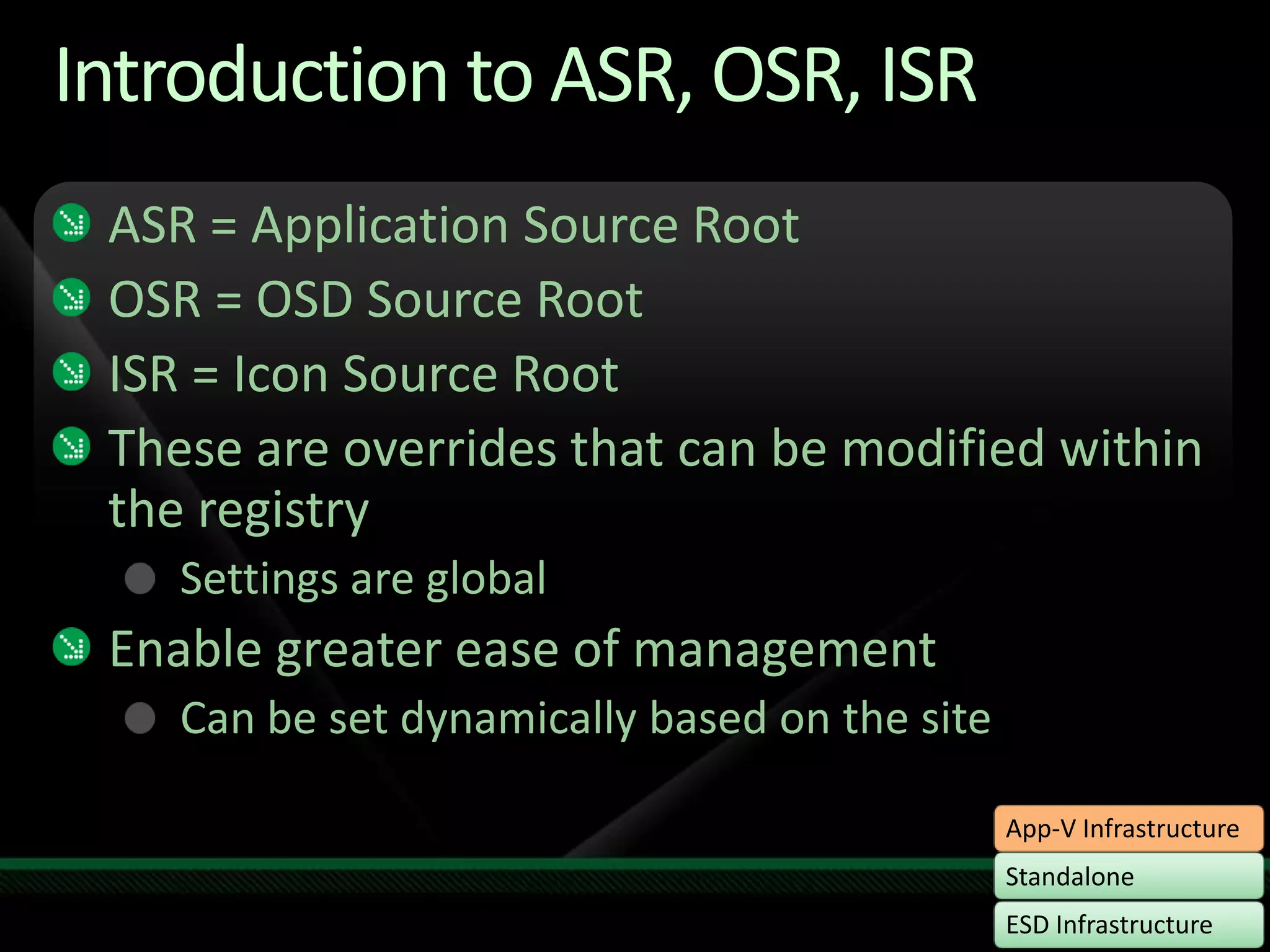 Introduction to ASR, OSR, ISRASR = Application Source Root  OSR = OSD Source RootISR = Icon Source RootThese are overrides that can be modified within the registrySettings are globalEnable greater ease of managementCan be set dynamically based on the site