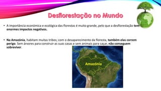 • A importância económica e ecológica das florestas é muito grande, pelo que a desflorestação tem
enormes impactos negativos.
• Na Amazónia, habitam muitas tribos; com o desaparecimento da floresta, também elas correm
perigo. Sem árvores para construir as suas casas e sem animais para caçar, não conseguem
sobreviver.
Amazónia
 