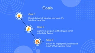 Goals
Goal 1
Despite being red, Mars is a cold place. It’s
full of iron oxide dust
Goal 2
Jupiter is a gas giant and the biggest planet
in the Solar System
Goal 3
Saturn, the ringed planet, is composed
mostly of hydrogen and helium
 