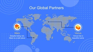 Venus has a
beautiful name
Our Global Partners
Mars
Despite being red,
Mars is a cold place
Venus
 