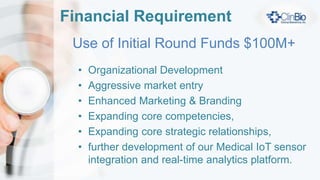 Business Model
Software as a Service (SaaS) Subscription
• Per individual monitoring fee
• Multi-Level Physician/Practice Licensing
• Analytics system functionality modules
Hardware Sales
• Clinical Trail kits
• Homecare kits
• Cardiac Rehab kits
• Individual Sensors
 