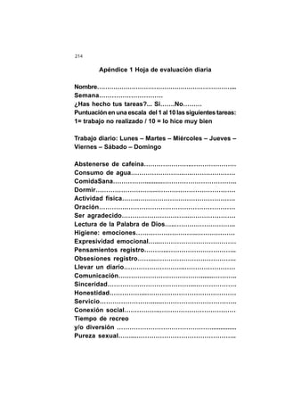 214
Apéndice 1 Hoja de evaluación diaria
Nombre…………………………………………………………...
Semana…………………………
¿Has hecho tus tareas?... Si…….No………
Puntuación en una escala del 1 al 10 las siguientes tareas:
1= trabajo no realizado / 10 = lo hice muy bien
Trabajo diario: Lunes – Martes – Miércoles – Jueves –
Viernes – Sábado – Domingo
Abstenerse de cafeína…………………..…………………
Consumo de agua…………………….….…………………
ComidaSana……………..........……………………………..
Dormir………………………..……………………………….
Actividad física……..……………………………………….
Oración………….……………………………………………
Ser agradecido…………………………..………………….
Lectura de la Palabra de Dios…..………………………..
Higiene: emociones………………………..………………
Expresividad emocional…...………………………………
Pensamientos registro………...…………………………..
Obsesiones registro……...………………………………..
Llevar un diario………………………..……………………
Comunicación………………………………….......………..
Sinceridad…………………………………...……………….
Honestidad……………...……………………………………
Servicio……………………......……………………………..
Conexión social……………..………………………………
Tiempo de recreo
y/o diversión ………………………………………..............
Pureza sexual……...………………………………………..
 