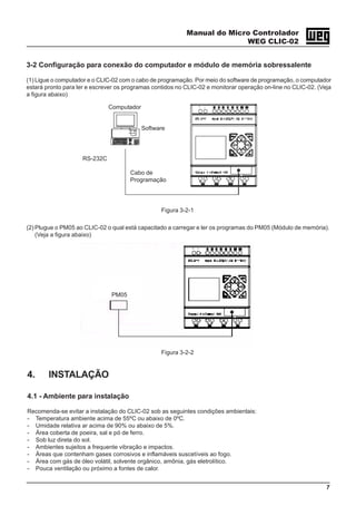 Manual do Micro Controlador
WEG CLIC-02
7
3-2 Configuração para conexão do computador e módulo de memória sobressalente
(1) Ligue o computador e o CLIC-02 com o cabo de programação. Por meio do software de programação, o computador
estará pronto para ler e escrever os programas contidos no CLIC-02 e monitorar operação on-line no CLIC-02. (Veja
a figura abaixo)
Figura 3-2-1
(2) Plugue o PM05 ao CLIC-02 o qual está capacitado a carregar e ler os programas do PM05 (Módulo de memória).
(Veja a figura abaixo)
Figura 3-2-2
4. INSTALAÇÃO
4.1 - Ambiente para instalação
Recomenda-se evitar a instalação do CLIC-02 sob as seguintes condições ambientais:
- Temperatura ambiente acima de 55ºC ou abaixo de 0ºC.
- Umidade relativa ar acima de 90% ou abaixo de 5%.
- Área coberta de poeira, sal e pó de ferro.
- Sob luz direta do sol.
- Ambientes sujeitos a frequente vibração e impactos.
- Áreas que contenham gases corrosivos e inflamáveis suscetíveis ao fogo.
- Área com gás de óleo volátil, solvente orgânico, amônia, gás eletrolítico.
- Pouca ventilação ou próximo a fontes de calor.
Computador
Cabo de
Programação
RS-232C
Software
PM05
 
