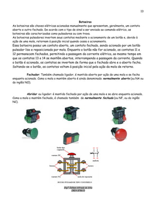 Engº. Edílson Alfredo da Silva
CREA-8786/D
13
Botoeiras
As botoeiras são chaves elétricas acionadas manualmente que apresentam, geralmente, um contato
aberto e outro fechado. De acordo com o tipo de sinal a ser enviado ao comando elétrico, as
botoeiras são caracterizadas como pulsadores ou com trava.
As botoeiras pulsadores invertem seus contatos mediante o acionamento de um botão e, devido à
ação de uma mola, retornam à posição inicial quando cessa o acionamento.
Essa botoeira possui um contato aberto, um contato fechado, sendo acionado por um botão
pulsador liso e reposicionada por mola. Enquanto o botão não for acionado, os contatos 11 e
12 permanecem fechados, permitindo a passagem da corrente elétrica, ao mesmo tempo em
que os contatos 13 e 14 se mantêm abertos, interrompendo a passagem da corrente. Quando
o botão é acionado, os contatos se invertem de forma que o fechado abre e o aberto fecha.
Soltando-se o botão, os contatos voltam à posição inicial pela ação da mola de retorno.
Fechador: Também chamado ligador, é mantido aberto por ação de uma mola e se fecha
enquanto acionado. Como a mola o mantém aberto é ainda denominado normalmente aberto (ou NA ou
do inglês NO).
Abridor ou ligador: é mantido fechado por ação de uma mola e se abre enquanto acionado.
Como a mola o mantém fechado, é chamado também de normalmente fechado (ou NF, ou do inglês
NC).
 