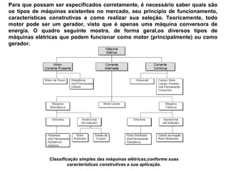 Para que possam ser especificados corretamente, é necessário saber quais são
os tipos de máquinas existentes no mercado, seu princípio de funcionamento,
características construtivas e como realizar sua seleção. Teoricamente, todo
motor pode ser um gerador, visto que é apenas uma máquina conversora de
energia. O quadro seguinte mostra, de forma geral,os diversos tipos de
máquinas elétricas que podem funcionar como motor (principalmente) ou como
gerador.
Classificação simples das máquinas elétricas,conforme suas
características construtivas e sua aplicação.
 