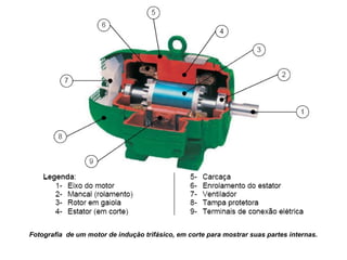 Fotografia de um motor de indução trifásico, em corte para mostrar suas partes internas.
 
