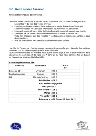 III.1) Notre service financier
Jordan est le comptable de l'entreprise
Les suivis mis en place dans le secteur de la Comptabilité sont un tableur qui regroupent :
– Les ventes => La liste des ventes prévues
– Les charges du personnels => Information sur le salaire, le nombres d'employés....
– La communication => Listes des informations pour informer les personnes.
– Les matières premières => Liste de toutes les matières premières dont on a besoin
– Le budget => Le tableau nous informe les chiffres d'affaire, le résultat net....
– Votre mini entreprise doit être rentable => Le tableau nous informe des ventes, le seuil
de rentabilité.....
– Plan de financement => Le tableau qui informe les dons donnés
Les clés de l'entreprise, c'est de gagner rapidement un peu d'argent, d'écouler les matières
premières puis en racheter après grâce à notre trésorerie.
Pour savoir si notre idée est rentable, nous avons étudié au plus près le coût de revient de la
fabrication de nos livrets et de notre jeu. A partir de là, nous nous sommes fixé un budget
prévisionnel qui nous semblait abordable.
Calcul du prix de vente TTC
Matériaux Fournisseur Coût
HT
Boites de CD MY igi tech 0,16 €
Feuilles imprimées Collège 0,03 €
CD Marché d''ardres 0,17 €
Prix Matière 0,36 €
Coti sociale négligeable
Frais pub 0,9 €
Prix revient = 1,26 €
Marge 2,09 €
Prix vente = 3,35 €
Prix vente = 4,00 € (tva = 19,6 déc 2013)
 