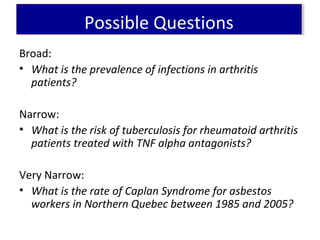 Broad:
• What is the prevalence of infections in arthritis
patients?
Narrow:
• What is the risk of tuberculosis for rheumatoid arthritis
patients treated with TNF alpha antagonists?
Very Narrow:
• What is the rate of Caplan Syndrome for asbestos
workers in Northern Quebec between 1985 and 2005?
Possible QuestionsPossible Questions
 