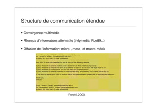 Structure de communication étendue

• Convergence multimédia

• Réseaux d’informations alternatifs (Indymedia, Rue89...)

• Diffusion de l’information: micro-, meso- et macro-média




                                 Peretti, 2000
 