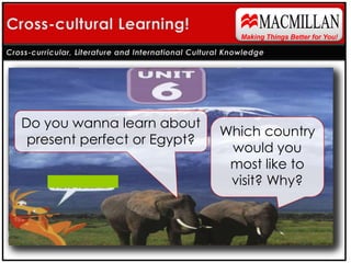 MACMILLANCross-cultural Learning!Making Things Better for You!Cross-curricular, Literature and International Cultural KnowledgeDo you wanna learn about present perfect or Egypt?Which country would you most like to visit? Why?