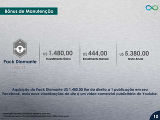 Bônus de Manutenção

U$

Pack Diamante

1.480,00

Investimento Único

U$

444,00

Rendimento Mensal

U$

5.380,00
Bruto Anual

Aquisição do Pack Diamante U$ 1.480,00 lhe da direito a 1 publicação em seu
Facebook, mais nove visualizações de site e um vídeo comercial publicitário do Youtube.

*Publicações são feitas somente de segunda a sexta-feira.
*Consulte nas regras no final do slide para entender sobre o dólar virtual usado.

10

 