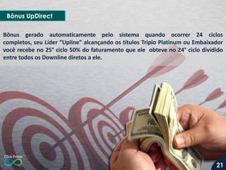 Bônus UpDirect
Bônus gerado automaticamente pelo sistema quando ocorrer 24 ciclos
completos, seu Líder “Upline” alcançando os títulos Triplo Platinum ou Embaixador
você recebe no 25° ciclo 50% do faturamento que ele obteve no 24° ciclo dividido
entre todos os Downline diretos a ele.

21

 