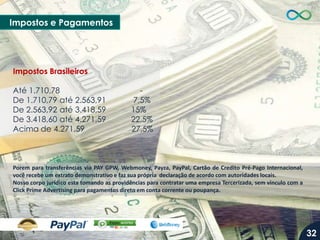 Impostos e Pagamentos

Impostos Brasileiros
Até 1.710,78
De 1.710,79 até 2.563,91
De 2.563,92 até 3.418,59
De 3.418,60 até 4.271,59
Acima de 4.271,59

7,5%
15%
22,5%
27,5%

Porem para transferências via PAY GPW, Webmoney, Payza, PayPal, Cartão de Credito Pré-Pago Internacional,
você recebe um extrato demonstrativo e faz sua própria declaração de acordo com autoridades locais.
Nosso corpo jurídico esta tomando as providências para contratar uma empresa Tercerizada, sem vinculo com a
Click Prime Advertising para pagamentos direto em conta corrente ou poupança.

32

 