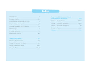 Guía didáctica para el maestro
Presentación...................................................... III
Enfoque didáctico...............................................IV
Características psicológicas por ciclo....................... V
Características del proyecto................................. VII
Cómo es el material para el alumno..................... VIII
Metodología...................................................... X
Prácticas con el CD..............................................XI
Qué y cómo evaluar........................................... XII
Sugerencias didácticas........................................... XV
Unidad 1. Equipo @ctivo.....................................XVI
Unidad 2. Microsoft Windows..............................XX
Unidad 3. Microsoft Word................................XXIV
Unidad 4. Paint.............................................. XXVII
Índice
Sugerencias didácticas para el trabajo
en el laboratorio de cómputo...............................XXXI
Unidad 1. Equipo @ctivo................................. XXXV
Unidad 2. Microsoft Windows 7..................... XXXVII
Unidad 3. Microsoft Word 2010........................... XLI
Unidad 4. Paint................................................XLIII
Glosario............................................................. XLV
 