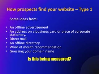 How prospects find your website – Type 1
  Some ideas from:

• An offline advertisement
• An address on a business card or piece of corporate
  stationery.
• Direct mail
• An offline directory
• Word of mouth recommendation
• Guessing your domain name

             Is this being measured?
 