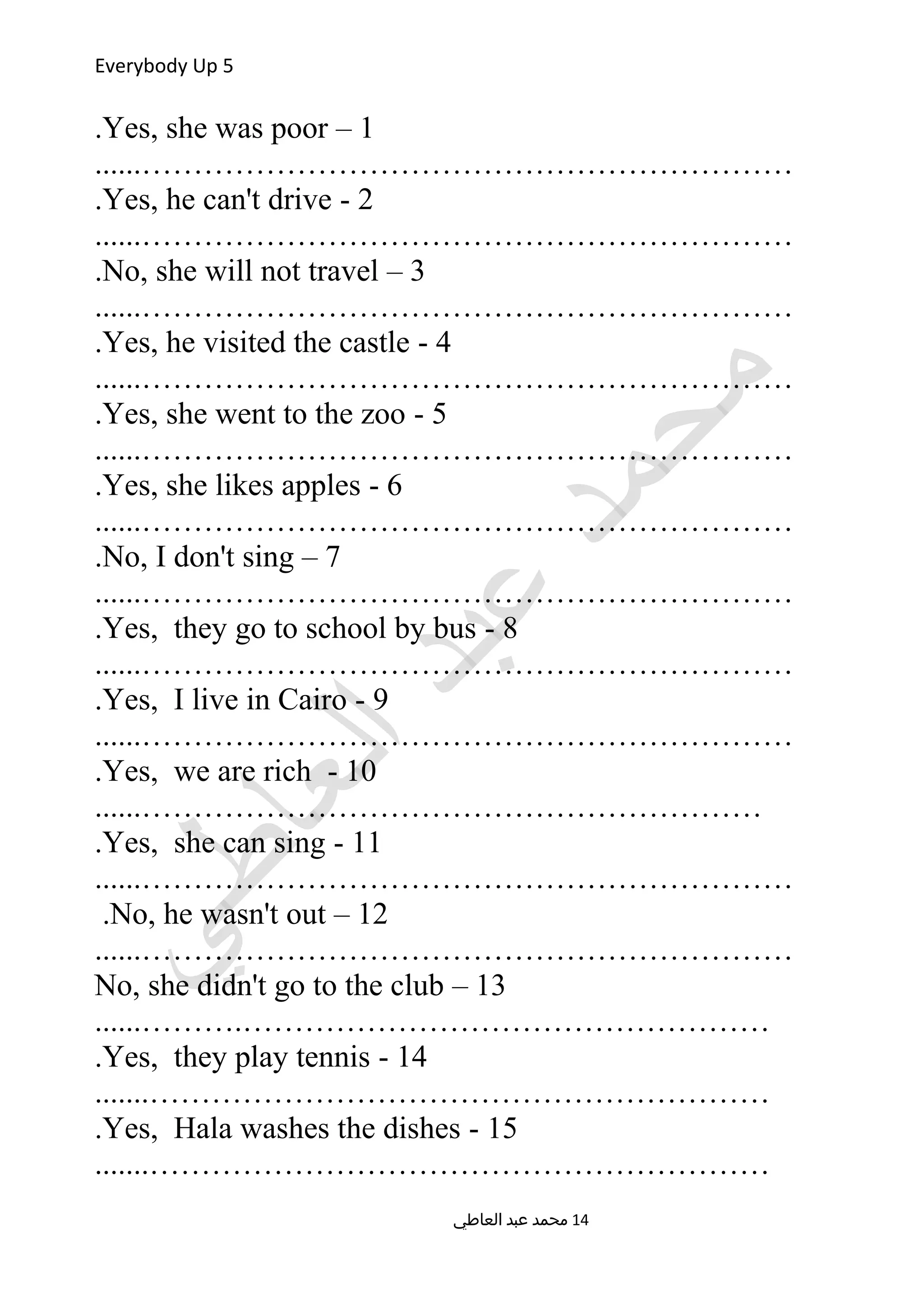 Everybody Up 5
1–Yes, she was poor.
......………………………………………………………
2-Yes, he can't drive.
......………………………………………………………
3–No, she will not travel.
......………………………………………………………
4-Yes, he visited the castle.
......………………………………………………………
5-Yes, she went to the zoo.
......………………………………………………………
6-Yes, she likes apples.
......………………………………………………………
7–No, I don't sing.
......………………………………………………………
8-Yes, they go to school by bus.
......………………………………………………………
9-Yes, I live in Cairo.
......………………………………………………………
10-Yes, we are rich.
......……………………………………………………
11-Yes, she can sing.
......………………………………………………………
12–No, he wasn't out.
......………………………………………………………
13–No, she didn't go to the club
......……….……………………………………………
14-Yes, they play tennis.
.......……………………………………………………
15-Yes, Hala washes the dishes.
.......……………………………………………………
‫العاطي‬ ‫عبد‬ ‫محمد‬ 14
 