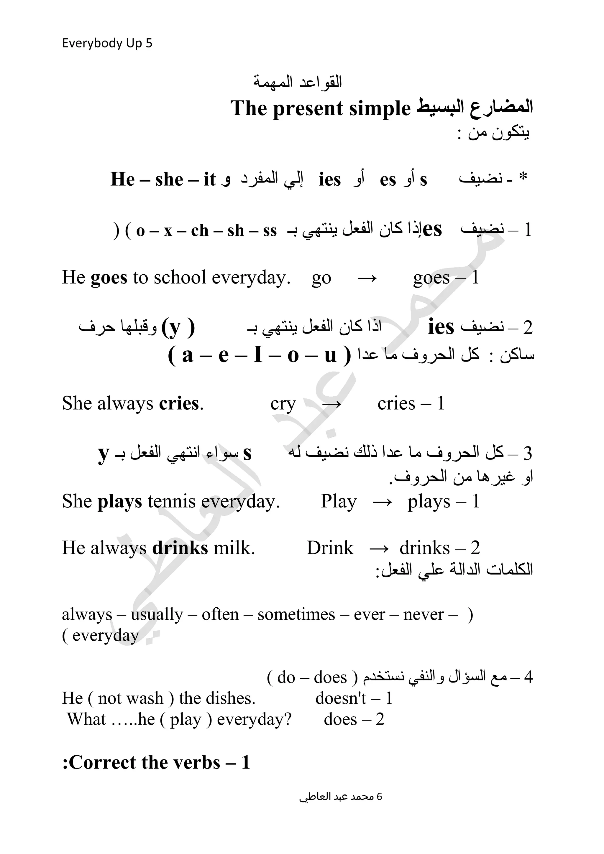 Everybody Up 5
‫المهمة‬ ‫القواعد‬
‫البسيط‬ ‫المضارع‬The present simple
: ‫من‬ ‫يتكون‬
‫نضيف‬ - *s‫أو‬es‫أو‬ies‫المفرد‬ ‫إلي‬‫و‬He – she – it
1‫نضيف‬ –es‫بـ‬ ‫ينتهي‬ ‫الفعل‬ ‫كان‬ ‫إذا‬o – x – ch – sh – ss) (
1–He goes to school everyday. go → goes
2‫نضيف‬ –ies‫بـ‬ ‫ينتهي‬ ‫الفعل‬ ‫كان‬ ‫اذا‬)y(‫حرف‬ ‫وقبلها‬
‫عدا‬ ‫ما‬ ‫الحروف‬ ‫كل‬ : ‫ساكن‬)a – e – I – o – u(
1–She always cries. cry → cries
3‫له‬ ‫نضيف‬ ‫ذلك‬ ‫عدا‬ ‫ما‬ ‫الحروف‬ ‫كل‬ –s‫بـ‬ ‫الفعل‬ ‫انتهي‬ ‫سواء‬y
.‫الحروف‬ ‫من‬ ‫غيرها‬ ‫او‬
1–She plays tennis everyday. Play → plays
2–He always drinks milk. Drink → drinks
:‫الفعل‬ ‫علي‬ ‫الدالة‬ ‫الكلمات‬
)always – usually – often – sometimes – ever – never –
everyday(
4) ‫نستخدم‬ ‫والنفي‬ ‫السؤال‬ ‫مع‬ –do – does(
1–He ( not wash ) the dishes. doesn't
2–What …..he ( play ) everyday? does
1–Correct the verbs:
‫العاطي‬ ‫عبد‬ ‫محمد‬ 6
 