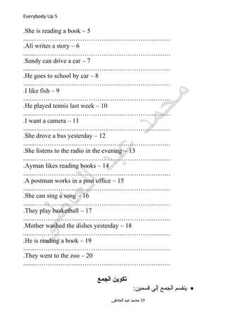 Everybody Up 5
5–She is reading a book.
.......………………………………………………………
6–Ali writes a story.
.......………………………………………………………
7–Sandy can drive a car.
.......………………………………………………………
8–He goes to school by car.
.......………………………………………………………
9–I like fish.
.......………………………………………………………
10–He played tennis last week.
.......………………………………………………………
11–I want a camera.
.......………………………………………………………
12–She drove a bus yesterday.
.......………………………………………………………
13–She listens to the radio in the evening.
.......………………………………………………………
14–Ayman likes reading books.
.......………………………………………………………
15–A postman works in a post office.
.......………………………………………………………
16–She can sing a song.
.......………………………………………………………
17–They play basketball.
.......………………………………………………………
18–Mother washed the dishes yesterday.
.......………………………………………………………
19–He is reading a book.
.......………………………………………………………
20–They went to the zoo.
.......………………………………………………………
‫الجمع‬ ‫تكوين‬
•:‫قسمين‬ ‫إلي‬ ‫الجمع‬ ‫ينقسم‬
‫العاطي‬ ‫عبد‬ ‫محمد‬ 19
 