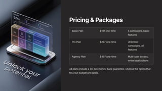 Pricing & Packages
Basic Plan $197 one-time 5 campaigns, basic
features
Pro Plan $297 one-time Unlimited
campaigns, all
features
Agency Plan $497 one-time Multi-user access,
white label options
All plans include a 30-day money-back guarantee. Choose the option that
fits your budget and goals.
 