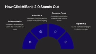 How ClickAiBank 2.0 Stands Out
True Automation
Complete "set-and-forget"
system that works while you
sleep
Advanced AI
Leverages cutting-edge AI for
content creation and targeting
Recurring Focus
Emphasis on subscription
offers for stable monthly
income
Rapid Setup
Launch profitable campaigns
in minutes, not days
 