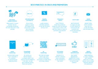 Rapid growth of coupon               Pop-up stores               Loyalty programs                 Case of Amazon                 Most businesses           Regular emails
     servises, that are               appear on events           stimulate customers             shows that sometimes           run pages and apps         sent to members
 conceptually introducing            and operate in the         to stay with the brand     people buy stuff only because        in social networks to        keep them up
the same discounts in new           environment, familliar          and buy more             it was shown to them in the          communicate with         to date with latest
          package                      and convenient                                      right time, based on history of         customers and         news and great deals
                                      for the customer                                          purchaces, and personal         access their personal
                                                                                                         data                        information




   Business takes active             By carrying out             QR codes are widely               Business try to                Age, gender,              Digital publishing
    part in social life of         internal research,              used to gain quick           shift their customers             gepgraphicaly          is a way to distribute
      its customers -          a company doesn’t only            access to information           online using place           targeted ads in social          print materials
    by sponsoring and        improve inhouse intelligence    via camera of mobile device        of sale campaigns in         networks are very likely    online and on mobile
     organizing events           in the field, but also           and simple software                 their stores              to reach the right      devices, and to include
                               gain trustworthy among                                                                                audience             interactive elements
                                clients and partners.                                                                                                       into publications.
 