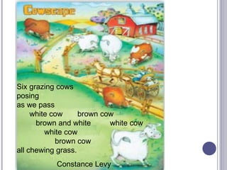 Six grazing cows  posing  as we pass         white cow       brown cow          brown and white         white cow                 white cow          brown cow  all chewing grass.   Constance Levy 