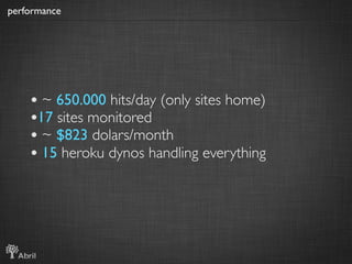 performance




    • ~ 650.000 hits/day (only sites home)
    •17 sites monitored
    • ~ $823 dolars/month
    • 15 hero...