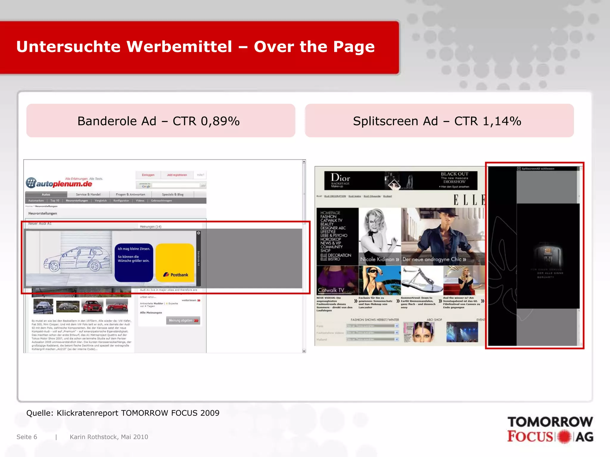 Karin Rothstock, Mai 2010|Seite 6
Untersuchte Werbemittel – Over the Page
Banderole Ad – CTR 0,89% Splitscreen Ad – CTR 1,14%
Quelle: Klickratenreport TOMORROW FOCUS 2009
 