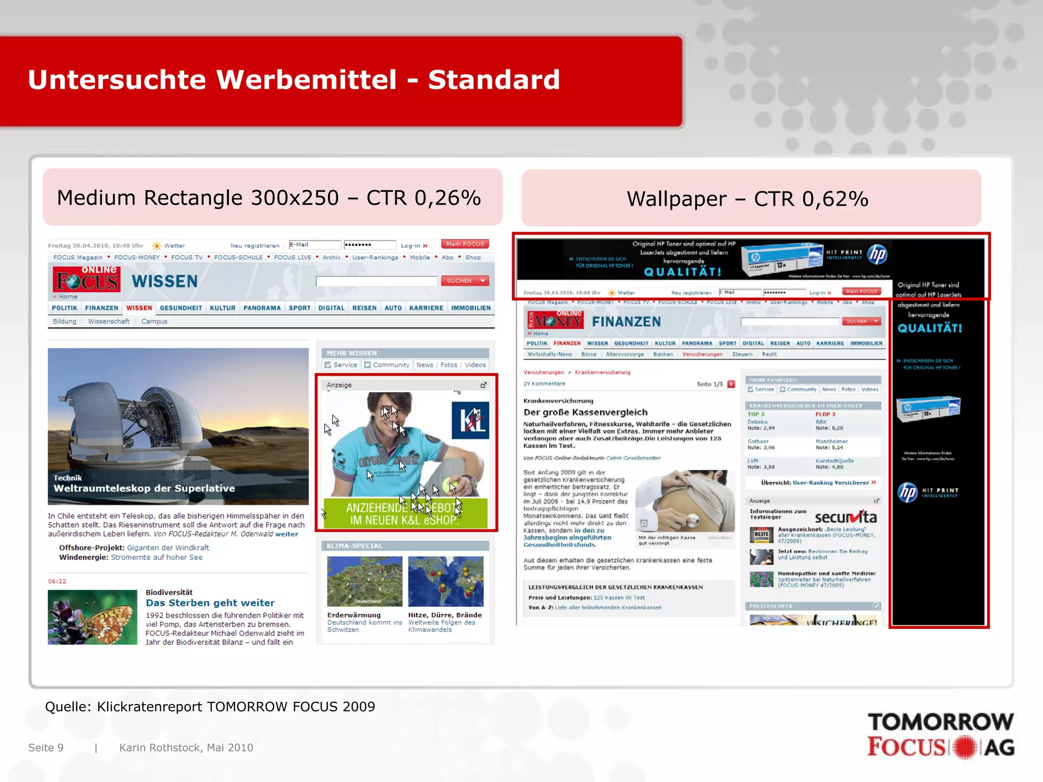 Karin Rothstock, Mai 2010|Seite 9
Untersuchte Werbemittel - Standard
Medium Rectangle 300x250 – CTR 0,26% Wallpaper – CTR 0,62%
Quelle: Klickratenreport TOMORROW FOCUS 2009
 
