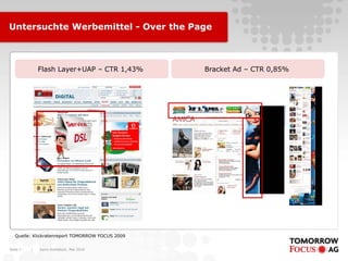 Karin Rothstock, Mai 2010|Seite 7
Untersuchte Werbemittel - Over the Page
Flash Layer+UAP – CTR 1,43% Bracket Ad – CTR 0,85%
Quelle: Klickratenreport TOMORROW FOCUS 2009
 
