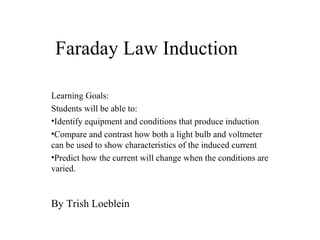 Faraday Law Induction
Learning Goals:
Students will be able to:
•Identify equipment and conditions that produce induction
•Compare and contrast how both a light bulb and voltmeter
can be used to show characteristics of the induced current
•Predict how the current will change when the conditions are
varied.
By Trish Loeblein
 