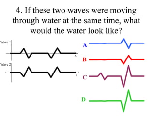 4. If these two waves were moving
through water at the same time, what
would the water look like?
A
B
C
D
x
x
Wave 1
Wave 2
 