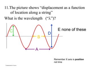 Fundamentals of waves
11.The picture shows “displacement as a function
of location along a string”
What is the wavelength (“”)?
A
B
C
D
E none of these
Remember X axis is position
not time
 